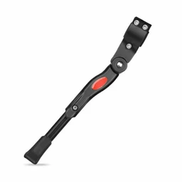 This is a foldable MTB bike kick stand with a hinged, adjustable arm. It appears to be designed for adult cyclists (men or unisex), given its utilitarian, rugged styling and longer leg extension. Notable features include a black and gray color scheme with a red accent, a padded grip area, multiple mounting points, and a compact leg that folds under the frame for storage.