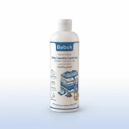 - Product: A white bottle of Bebek Gentle Clean Baby Laundry Liquid Gel with a blue label and a white cap, showing a stack of folded baby clothes illustration.
- Audience and styling: Appears to be for babies/infants (unisex) based on the soft blue and white color scheme and baby-care imagery.
- Notable attributes: Liquid gel detergent in a 500 ml bottle; blue label with Bebek branding, images of clothes and a baby, and multilingual text.