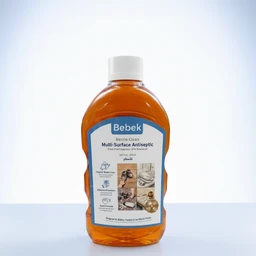 - This is a bottle of Bebek Gentle Clean all-surface antiseptic cleaner (500 ml) with an amber-orange liquid. 
- Intended for general household use across surfaces; the model styling appears unisex, suitable for family or home use. 
- Visible attributes: orange-brown liquid, white screw cap, blue-and-white label featuring product name, and small illustrative images; no brand logos beyond the Bebek label.