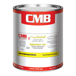 - What the product is: A metal can of CMB Kemaboxy 104 epoxy for bonding cement/concrete, shown as a large cylindrical metal container with a sealed metal lid.
- Apparent audience and styling: Unisex product intended for construction/industrial use (likely professionals or DIY enthusiasts) based on its heavy-duty can and technical labeling.
- Notable attributes visible: Silver can with red and white label bands; bold red “CMB” logo at the top, product name “KEMAPOXI 104” and English/Arabic text; yellow safety strip; web address on the bottom red rim; overall industrial, utilitarian packaging. Material appears to be steel with a metal lid; color scheme red, white, and yellow.