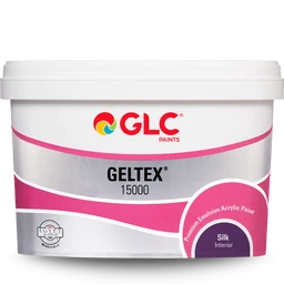 - Product: A white plastic paint bucket labeled GELTEX 15000 from GLC Paints, marketed as a premium acrylic interior paint. 
- Audience and styling cues: Unisex interior use, suitable for home decor and general walls; the design uses pink and silver accents with bold black typography, suggesting a modern, glossy finish. 
- Visible attributes: Silk interior finish, premium emulsion acrylic paint, purple circular badge, and curved pink/gray color bands. Color impression is white with pink-silver branding.