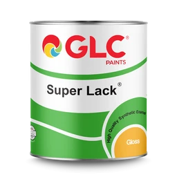 This is a can of GLC Super Lacq Gloss enamel paint, shown in a metal tub. It appears aimed at adults applying interior/exterior décor finishes, with a glossy finish implied by the label. Notable visible attributes include the green and white color scheme on the can, the "Super Lack" and "Gloss" wording, and the circular yellow accent indicating gloss level.