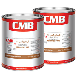 - What it is: A pair of large metal paint cans labeled “CMB” with red and white branding, likely containing KEMAPOX 110 cosmetic/industrial resin or coating.
- Intended audience: Unisex (industrial/DIY use) inferred from the neutral packaging and two-can presentation.
- Notable attributes: Cylindrical metal containers with red bands and white labels, bold CMB logo, Arabic and English text, metal lids, silver body with red/red-brown accents. Material suggests metal can with coated product inside; color scheme is red, white, and metallic silver. Style is industrial/paint/chemical product packaging.