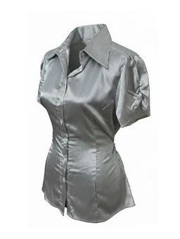 - What it is: A satin striped button-front blouse with short puff sleeves and a fitted silhouette, styled as a dressy top rather than a tie for neckwear.
- Intended audience: Women's or unisex depending on fit; the tailored, feminine shaping and puff sleeves suggest a women's top.
- Notable attributes: Shiny satin fabric with thin vertical stripes, collared neckline, button-down front, princess seams for a fitted, structured look, short puff sleeves, grey-silver tone.