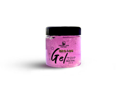This is a jar of GRO&GO Bold Hold Gel, a hair styling gel packaged in a purple-pink jar with a black lid. The model/label styling suggests a unisex or primarily men's audience, with bold, strong-hold branding. Notable attributes visible: bright pink gel inside, black cap, and bold black typography on a clear label.