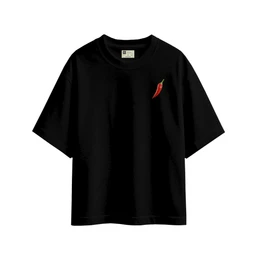 - What the product is: A loose-fitting black short-sleeve T-shirt with a small chili pepper graphic on the chest.
- Apparent audience: Unisex (modeled as a neutral, oversized tee suitable for men or women).
- Notable attributes: Black cotton or cotton-blend fabric, crew neckline, oversized/slightly cropped silhouette, minimal graphic of a red chili pepper on the upper-left chest. No branding visible.