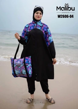 - What the product is: A modest swimsuit/jacket set designed for beachwear, featuring a color-block style with a long black outer tunic and a purple-blue floral panel at the shoulders and sleeves. The model also carries a matching tote bag.
- Apparent audience: Women (plus-size look with hijab and modest cut, suitable for adult female shoppers).
- Notable attributes:
- Material and style: black long-sleeve overgarment with a high collar; floral-patterned insert in purples and blues; loose, tunic-like silhouette with gathered cuffs.
- Color: black main body with purple-blue floral panels and matching tote.
- Accessories: matching tote bag with same floral design; hijab and casual sandals complete the look.