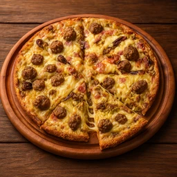 - What it is: A whole pizza topped with melted cheese, pepperoni-sausage meatballs, and assorted vegetables, sliced into wedges on a wooden serving board.
- Intended audience: Unisex (suitable for both men and women) judging by the classic pizza presentation and sliceable form.
- Notable attributes: Golden-brown crust, generous cheese melt, visible meat toppings (meatballs and pepperoni/sausage) with occasional vegetables; round, evenly sliced into eight pieces, served on a rustic wooden board.