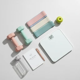 - What the product is: A fitness and wellness set displayed with pastel accessories, including two pastel dumbbells, a digital kitchen/scale, a glass water bottle, a small booklet, a rose-gold item, a stack of pastel resistance bands, and a sliced apple. The layout suggests a home workout and nutrition tracking kit.
- Intended audience: Women's (judging by the pastel color palette and styling).
- Notable attributes: Soft pink, mint, peach, and lavender colors; includes dumbbells, a digital scale, a glass water bottle, a small guide or card, and a set of pastel resistance bands, all arranged on a clean, minimal white background.