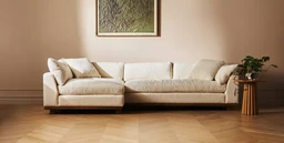 - What the product is: A light beige/cream upholstered sectional sofa with a chaise-style left arm. It appears as a large, low-profile living room piece with plush cushions.

- Apparent audience: Unisex (suitable for both men and women), based on neutral color, simple clean lines, and versatile styling.

- Notable attributes: Soft, breathable fabric in a pale cream/taupe color; cushioned back and seat with matching throw pillows; wooden legs; minimalistic, modern classic design; warm, neutral-toned living room setting with a framed wall art and a small plant on a wooden side table.

- Visible materials and style: Fabric upholstery, foam cushions, wooden legs; contemporary, comfortable design focused on relaxed seating.
