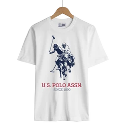 - What the product is: A white short-sleeve T-shirt featuring a large polo graphic on the front.
- Audience: Unisex (styled with a standard crew neck and neutral fit; model hints at a general, gender-neutral design).
- Notable attributes: Graphic shows a dark blue polo players on horses with a red “U.S. POLO ASSN.” text and “SINCE 1890” below. Material appears to be cotton knit; classic crew neck; standard T-shirt styling. No visible branding other than the polo graphic.