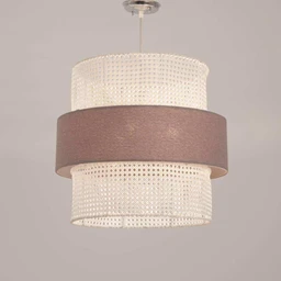 This is a hanging ceiling light ( chandelier style ) with a fabric shade layered in a two-tone design. The visible model suggests a unisex appeal suitable for general living spaces, featuring a textured white outer fabric with a central brown fabric band. Notable attributes: circular drum shape, two-tone fabric (cream/white and brown), and a soft, diffused light provided by the woven fabric panels.