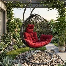 - What the product is: A hanging egg swing chair with a rounded wicker-like frame and red cushions, suspended from a curved metal frame and standing on a circular base.
- Apparent intended audience: Unisex, suitable for adults or teens given the large, cozy seating and adult-friendly proportions.
- Notable attributes: Dark circular metal stand with a woven/rope-like dome shape, bright red cushioned seat and backrest cushions, hanging chains, outdoor garden setting with stone pebbles and potted plants. Overall style is contemporary outdoor leisure furniture.