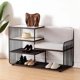 - Product: A metal entryway bench with integrated shoe storage rack. The unit features a cushioned back/seat and open slatted shelving for shoes, with a small top surface for a handbag or decor.
- Audience and styling cues: Unisex design suitable for both men and women; sleek black metal frame with light-colored upholstery and matching shoe shelves conveys a modern, minimal aesthetic.
- Notable attributes visible: Matte black powder-coated metal frame, white/cream cushioned seat, two open shelves plus a lower slatted shoe rack, top surface ideal for a bag, and a compact 100x50x90 cm footprint.
- Materials and color: Metal frame (black), fabric/foam cushion (light beige/gray), shoe shelves with slatted metal. Overall style is contemporary, functional, and organized.
