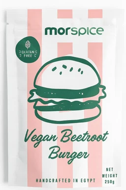 - What the product is: A vegan beetroot burger from Morsprice, packaged in a stand-up pouch showing a stylized burger illustration.
- Apparent audience: Unisex (image features a neutral burger design and branding suitable for all genders).
- Notable attributes visible: Light pink vertical stripes on the white bag, green burger illustration with sesame-like seeds, and green text reading “Vegan Beetroot Burger” with branding “morspice” at the top. Also a small green circle indicating “Gluten Free.” Net weight shown as 250 g. The overall style is clean, modern, with a hand-crafted feel and a focus on vegan/health-conscious messaging.