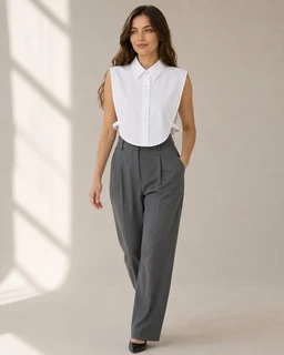 - Product: Collar Extension (visible as a white sleeveless blouse with a structured collar, cropped at the armholes, paired with high-waisted, wide-leg gray trousers).
- Audience: Women (judged from the fitted, sleeveless blouse with a formal collar and tailored trousers).
- Notable attributes: White button-front shirt with a high, pointed collar; sleeveless, cropped armholes; gray high-waisted, wide-leg pleated trousers; black pointed-toe shoes; neutral, minimal styling.
