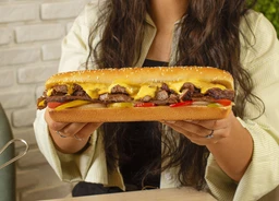 - Description: A long sandwich (sub/hero style) filled with sliced grilled beef, melted yellow cheese, onions, and peppers, served in a sesame-seed bun.
- Audience and styling: Appears unisex; the model holds the sandwich with both hands, casual cafe or fast-casual presentation.
- Notable attributes: Visible sesame seed bun, multiple beef slices, bright melted cheese, and presence of onions and peppers for a classic Philly cheesesteak look.