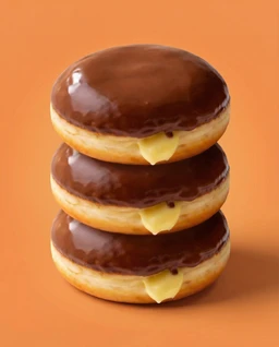 - What the product is: A stack of three Boston cream donuts with chocolate glaze on top and cream filling peeking from the sides.
- Audience and styling: Appears crafted for a general/unisex audience with a bold, dessert-forward presentation; stacked height and warm orange background give a playful, indulgent vibe.
- Notable attributes: Chocolate glaze on shiny donuts, light-yellow cream filling visible at the edges, golden-brown fried dough, uniform round shape, dessert/doughnut style.