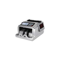 - Description: A compact portable money counting machine with a built-in display and keypad, designed to count cash placed in the hopper and deliver counted notes into the front spool area.
- Audience and styling: Unisex; intended for small business or personal use, with a metallic-silver body, black accents, and a practical, compact countertop design.
- Notable attributes: Visible dual-reel counting mechanism, numeric keypad on a top panel, side display readout, and a front slot for wrapped notes. Material appears to be metal/plastic with a modern checkout-machine aesthetic.