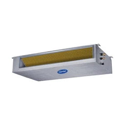 - Description: A rectangular ceiling-mounted or wall-mounted cassette-style air conditioner indoor unit with a wide front intake grille and a visible heat exchanger behind a yellowish core.
- Audience and style: Unisex applicability in home or office cooling/heating contexts; industrial metallic silver housing with compact, utilitarian design.
- Visible attributes: Silver metal case, rectangular slim profile, front yellow/amber grille, small control fittings on the side, Carrier branding on the front. No logo or model details beyond the title; color predominantly silver with a yellow-toned interior grille.