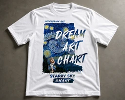 - Product: A white short-sleeve printed T-shirt with a colorful graphic on the front.
- Audience and style cues: Appears unisex or suitable for both men and women; casual crew-neck tee with a bold, art-inspired design.
- Visible features: Graphic panel depicting a starry night scene in blue/yellow tones with text overlaid—“DREAM ART CHART” and additional words “EXPRESSION ART” and “STARry SKY CHART.” The print resembles a painting-inspired motif. Material looks like standard cotton jersey; no visible brand markings.