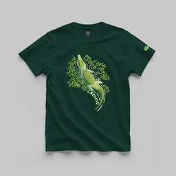 A dark green short-sleeve T-shirt featuring a large graphic print of a crocodile or reptile graphic in neon-green tones on the front. It appears designed for a unisex or men's audience, judging by the cut and fit shown. Notable details include bright lime-green accents, a bold central illustration, and a subtle graphic on the sleeve. Material visible looks like lightweight cotton jersey with a smooth finish.