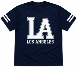 The image shows a short-sleeve T-shirt in a dark navy color with bold white lettering on the front forming “LA” in large block letters and “LOS ANGELES” beneath it. The sleeves feature two white stripes near the hem. It appears to be a casual unisex design targeted at both men and women, with a graphic city-themed print, likely made of cotton or a cotton blend. Notable materials are not specified beyond the look of a soft knit fabric; the style is a collegiate/athletic tee with a simple LA city graphic.