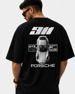 - A black oversized short-sleeve T-shirt featuring a large graphic on the back that centers a silver Porsche car image with stacked text elements around it.
- Audience: unisex-leaning toward men based on model and styling (loose fit, short sleeves). 
- Notable attributes: bold white/silver print on black fabric; oversized cut; graphic car motif with the word “PORSCHE” and additional race-inspired text blocks around the vehicle; standard crew neck. Material appears to be cotton or cotton-blend knit.