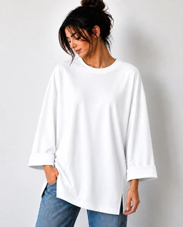 This is a basic oversized long-sleeve T-shirt in solid white. The model appears to be a woman, wearing a relaxed, loose fit with wide, rolled cuffs and a longer hem that sits below the hips, giving a casual, laid-back look. Visible details include a crew neckline and soft, smooth knit fabric with a slightly structured drape.