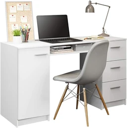 - Product: A white wooden home office desk with a central open keyboard shelf, multiple storage options, including two pedestal cabinets with doors on the left and right, plus three drawers and a separate storage shelf on the right side. It is shown with a laptop, a desk lamp, plant, and organizers on top.
- Intended audience: Unisex (appears suitable for both men and women, based on neutral white finish and contemporary design); styling is modern, minimalist, and functional.
- Notable attributes: White wood finish; rectangular desk with clean lines; includes two pedestals (left cabinet and right 3-drawer unit) and a central open shelf; integrated storage shelf above the right drawers; slim metal legs on the chair with wooden legs and a grey plastic seat; visible desk accessories (lamp, plant, cork/organizer board) suggesting a tidy, organized workspace.