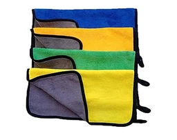 - What the product is: A set of four microfiber car towels in multiple colors, shown folded with black edging and hanging tabs.
- Target audience and styling cues: Unisex, compact travel-friendly car care accessories; stackable cloths presented in bright primary colors (blue, yellow, green, gray) with dark borders for a sporty, practical look.
- Notable attributes: Soft microfiber material; color variety (blue, yellow, green, gray); black trim edging; four-told set; rectangular towels with corner hooks/tabs.