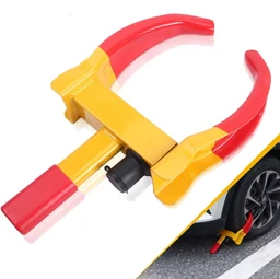 - What the product is: A bright yellow and red portable telescopic folding stool or car jack-like support device shown in two states (folded and mounted near a car wheel). It appears to be a lightweight, handheld support tool.

- Apparent audience and styling: Unisex; designed for general use by drivers or outdoor users who need a quick-to-deploy support stand for wheels or lifting tasks. The model is a compact, chunky plastic-and-metal tool with bold color blocking (yellow body, red handles) and a hinge mechanism.

- Notable attributes: Colorful two-tone design (yellow main body with red handles), black central locking knob, telescoping/pivoting arms with a folding feature, and a compact form factor suitable for storage in a vehicle.