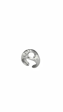 - A silver-toned ring with an open, sculptural design featuring a cutout or negative-space motif. The ring has a bold, chunky band and a textured finish that gives a slightly rugged, modern look.
- Intended audience: unisex (based on neutral, minimalist styling suitable for various genders). 
- Notable attributes: metallic silver color, open hoop style with irregular, organic shaping; contemporary, statement-ring aesthetic.