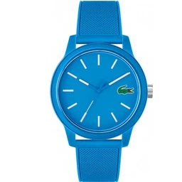 - What it is: A blue analog wristwatch with a simple, minimal dial and a Lacoste-style green crocodile logo at the 3 o’clock position (on the face). The watch has a round case and a textured blue silicone strap.
- Intended audience: Unisex (the styling and size appear suitable for both men and women).
- Notable attributes: Bright blue color throughout the case and strap, white hour markers and hands with a clean, minimal dial, and a small crocodile logo on the dial. Material visible includes a silicone strap and a metal case crown.