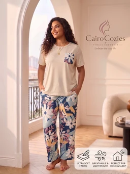 - What the product is: A casual matching pajama set featuring a short-sleeve beige T-shirt with a small printed pocket and a pair of loose, full-length pants with a tropical floral print.
- Apparent audience: Unisex or women’s, judged from the soft fit, pastel-toned colors, and floral print styling.
- Notable attributes visible: Lightweight knit beige T-shirt, colorful tropical floral print pants in blue, pink, white, and yellow with a relaxed, lounge-fit silhouette; both pieces appear soft and comfortable for home wear.