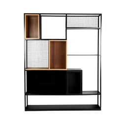 - What the product is: A modular shelving unit with a black metal frame and various open cubbies and panels in wood-toned and black finishes.
- Apparent audience: Unisex; configurable for home or office use, suitable for adults.
- Notable attributes: Mixed materials including black metal frame, wood veneer cubbies in natural and dark brown tones, wire-mesh panels, and solid panel fronts. Geometric arrangement with open and closed storage spaces; rectangular, industrial-modern style.