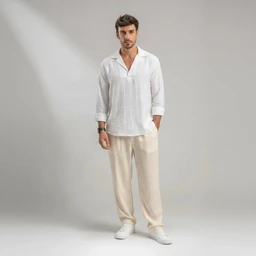 This is a men's linen top and matching pants set, styled as a relaxed, resort-ready outfit. The model wears a white, lightweight linen popover shirt with a collar, half‑length sleeves, and a slightly textured look, paired with loose, long linen pants in a pale beige. Visible attributes include natural linen fabric, light and airy drape, neutral white palette, and casual, minimalist styling.