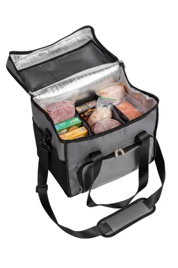 What the product is: A HashBag insulated cooler/thermal bag with a large 48L capacity, shown open to display internal compartments and cooler lining.

Intended audience and styling: Appears unisex, intended for everyday use or family picnics, with practical, utilitarian styling in black and gray.

Visible attributes: Corded zipper top, insulated aluminum lining, multiple interior compartments with assorted foods (packaged items and fresh meats), sturdy carry handles and an adjustable shoulder strap, front zipper pocket, and a wide opening for easy loading. Material looks like durable fabric (likely polyester) with reinforced seams.