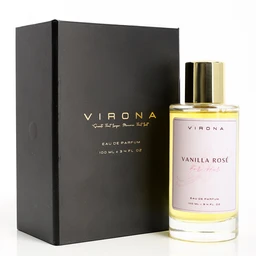 - What it is: A bottle of Vanilla Rose-scented perfume with its black retail box.
- Audience: Unisex-inspired packaging but displayed on a model-style product shot; the styling suggests a general adult audience, leaning slightly feminine.
- Visible attributes: Clear glass bottle with pale pink liquid, gold-toned cap, light pink label reading “VIRONA” and “VANILLA ROSE,” black outer box with gold lettering. Simple, elegant design with clean typography; the overall vibe is warm, floral, and luxurious.