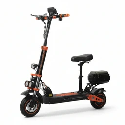 - A foldable electric scooter (kick scooter style) with a tall vertical stem and handlebars, black frame with orange accents, and a seat post with a cushioned saddle. It has two front and rear wheels, a front headlight, and a rear storage box mounted near the rear wheel; a small platform for standing between the wheels.
- Audience: unisex (appears suitable for adults or older teens; model and styling are neutral, not clearly gendered).
- Notable attributes: matte black frame with orange clamps and highlights, pneumatic/solid tires, front lights, handlebar controls, and a rear cargo/storage box. Foldable design implied by the central stem and hinge components.

Note: This description focuses on visible design elements without brand identification.
