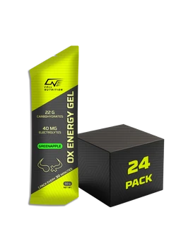- What the product is: A single serving energy gel packet (lime green/black) shown next to a black 24-pack box labeled “24 PACK.”
- Intended audience: Unisex, designed for athletic/active use (running, cycling, workouts) based on the gel form and sport-oriented packaging.
- Notable attributes: Bright lime green energy gel pouch with black and white text, showing 22–26 g carbohydrates, 40 mg electrolytes, flavor green pineapple, and “OX ENERGY GEL” branding; compact squeeze-pack style paired with a matte black cube box featuring bold yellow “24 PACK” text.
