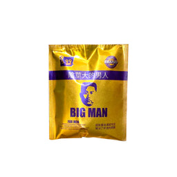 - What the product is: A small, single-use packet labeled “BIG MAN” in gold with a blue illustration and text, likely a sachet of a personal care or grooming product intended for men.
- Apparent audience: Men (adult men), suggested by “FOR MEN” and the male silhouette on the packaging.
- Notable attributes: Metallic gold pouch with royal blue accents; bold blue “BIG MAN” text and a male portrait; additional text in multiple languages and a price-like sticker. The material appears to be a shiny foil-like packaging.