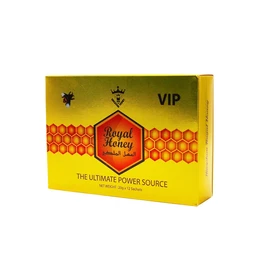 - What the product is: A box labeled “Royal Honey” with a honeycomb pattern and crown icons, suggesting a premium honey product.  
- Apparent audience: Unisex (no gender-specific styling; packaging is gender-neutral).  
- Notable attributes visible: Bright yellow/gold packaging with a honeycomb design, red hexagon logo, and the words “VIP” and “THE ULTIMATE POWER SOURCE.” Net weight indicated as 20g x 12 sachets. Material: looks like individual sachets of honey. Color attributes: gold/yellow packaging with orange honeycomb pattern. Style: premium, royal-themed packaging.