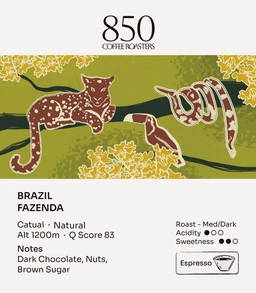 Brazil Fazenda label card: origin, process, roast and tasting notes