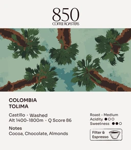 Colombia Tolima label card: origin, process, roast and tasting notes