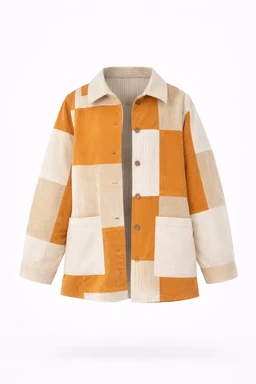 The image shows a casual, mid-length jacket with a bold color-block design in warm orange, cream, and beige tones. It has a collared neckline, a button-front closure, and large patch pockets on the lower front. The pattern features square blocks in alternating colors, giving a contemporary, unisex look suitable for cooler weather. Visible materials suggest a thick, woven fabric with a soft, textured feel.