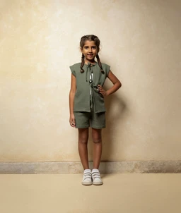 A girls’ outfit set featuring a short-sleeve olive-green top with a matching pair of knee-length shorts. The top has a draped front and is paired with a decorative tie or belt detail, giving a casual, safari-inspired look. Visible materials appear lightweight cotton or cotton-blend fabric in olive, styled for a youthful, outdoor-ready ensemble.