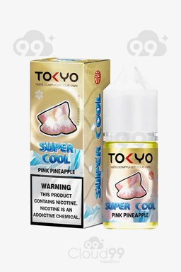 - What the product is: A vape juice bottle with its matching box, labeled TOKYO SUPER COOL PINK PINEAPPLE.
- Apparent audience: Unisex (neutral styling and packaging suitable for both men and women).
- Notable attributes visible: The bottle and box feature a pink pineapple graphic and blue “SUPER COOL” lettering; color scheme includes gold/cream box with pink pineapple image and blue accents; bottle cap is white. The label shows a nicotine warning box on the front.