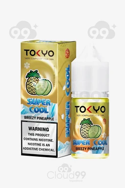 - What the product is: A bottled e-liquid (vape juice) labeled “TOKYO SUPER COOL BREEZY PINEAPPLE,” shown beside its packaging.
- Apparent audience: Unisex (designed for people who vape; the styling doesn’t indicate a specific gender).
- Notable attributes visible: Flavor is Breezy Pineapple with a pineapple image and blue accents; packaging is gold with a bold “SUPER COOL” label and a nicotine warning on the front. The bottle has a white cap and a matching label featuring the pineapple motif.