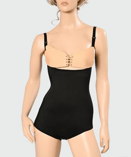 - What the product is: A shapewear bodysuit featuring a two-tone design with a light peach-colored bust area and a black body, worn as a seamless undergarment.
- Intended audience: Women's (straps, bust support, and silhouette suggest female sizing and styling).
- Notable attributes: Light peach molded bust with front lace-up detail, black seamless high-coverage bottom, adjustable shoulder straps, and a smooth, figure-hitting silhouette without visible seams. Material appears stretchy, compressive, and skin-flattering.